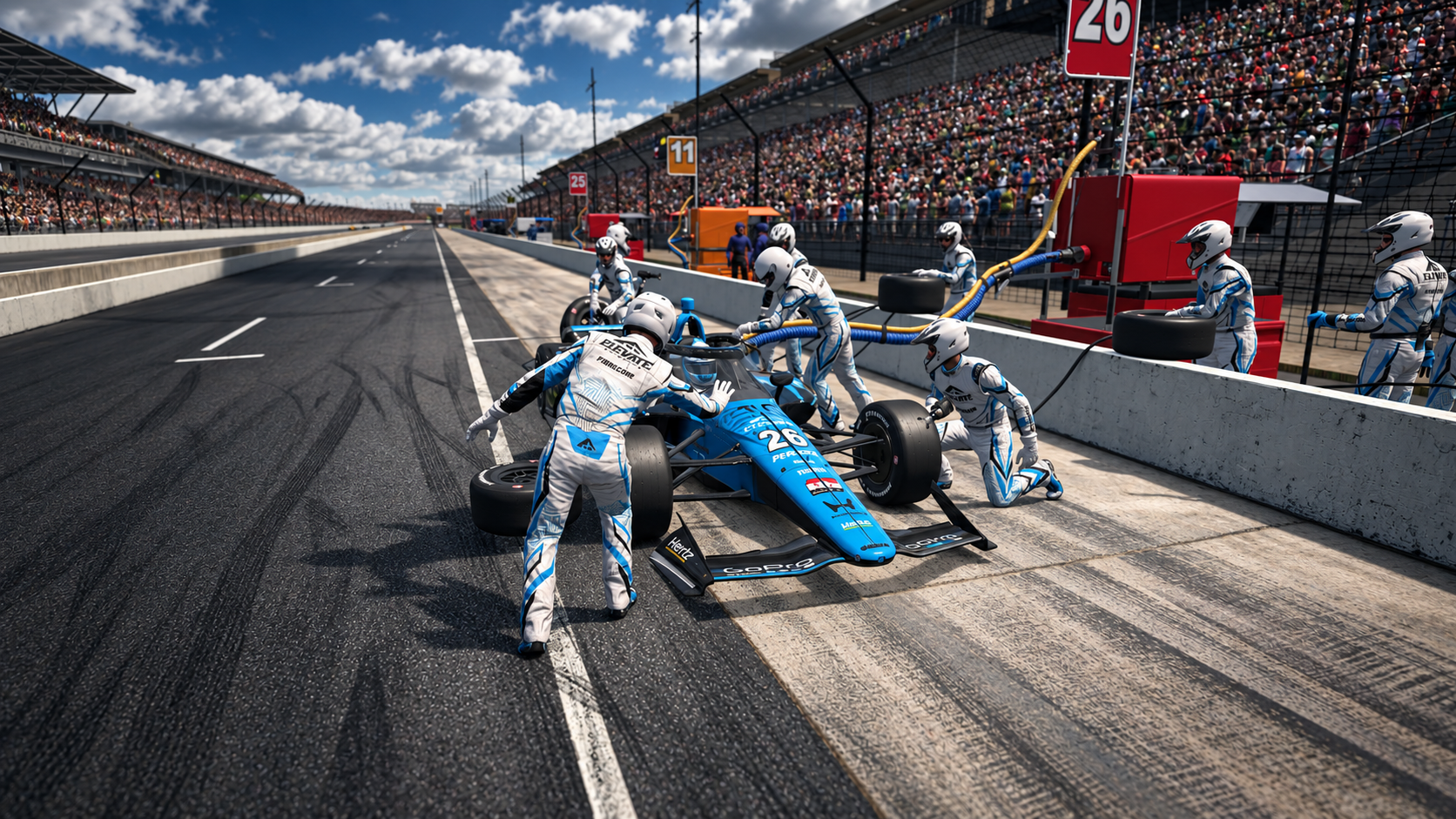 Elevate Sim Racing’s blue number 26 open-wheel race car surrounded by its pit crew during a pit stop