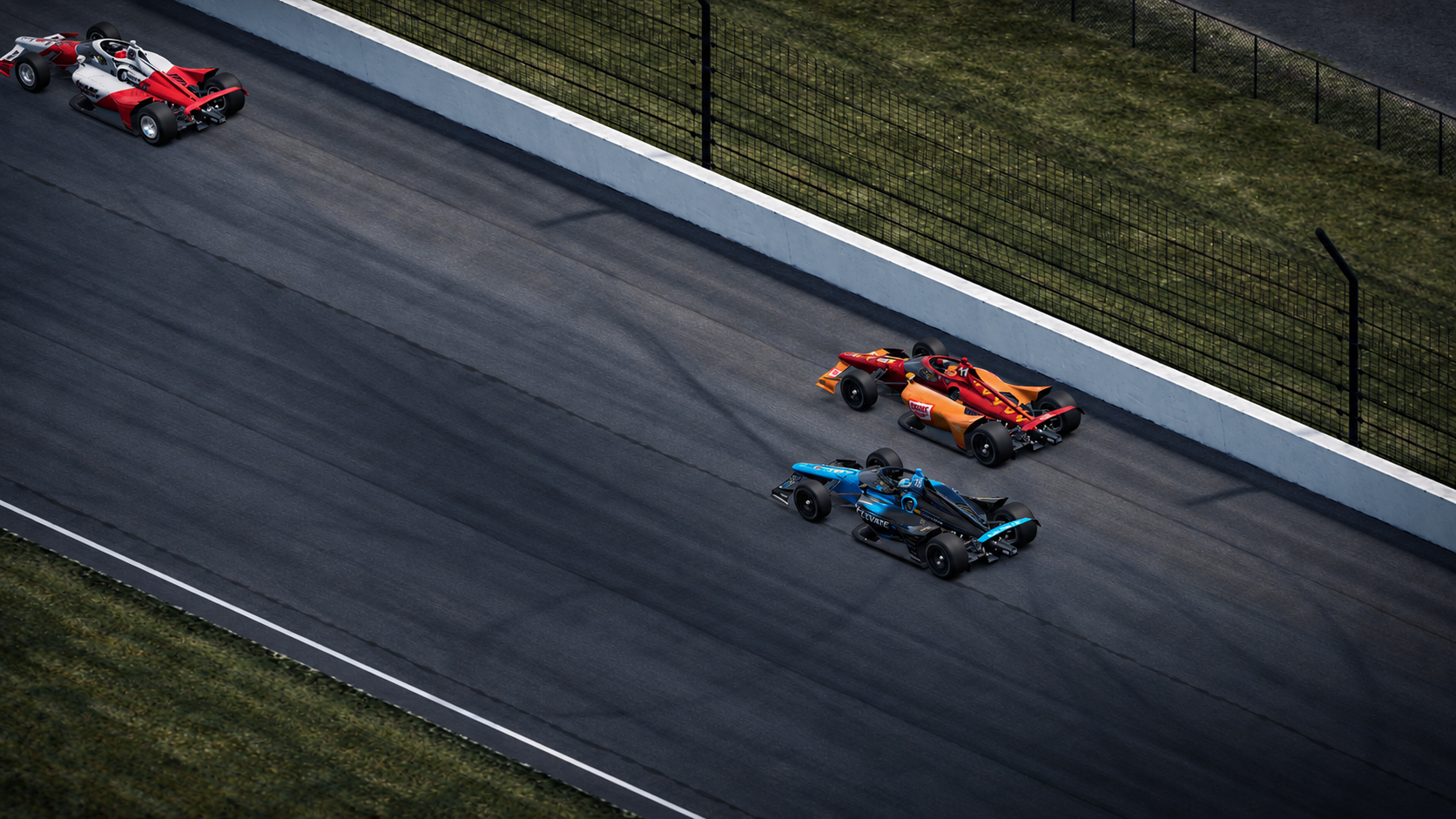 An overhead view of Elevate Sim Racing’s blue open-wheel car racing side by side with an orange car