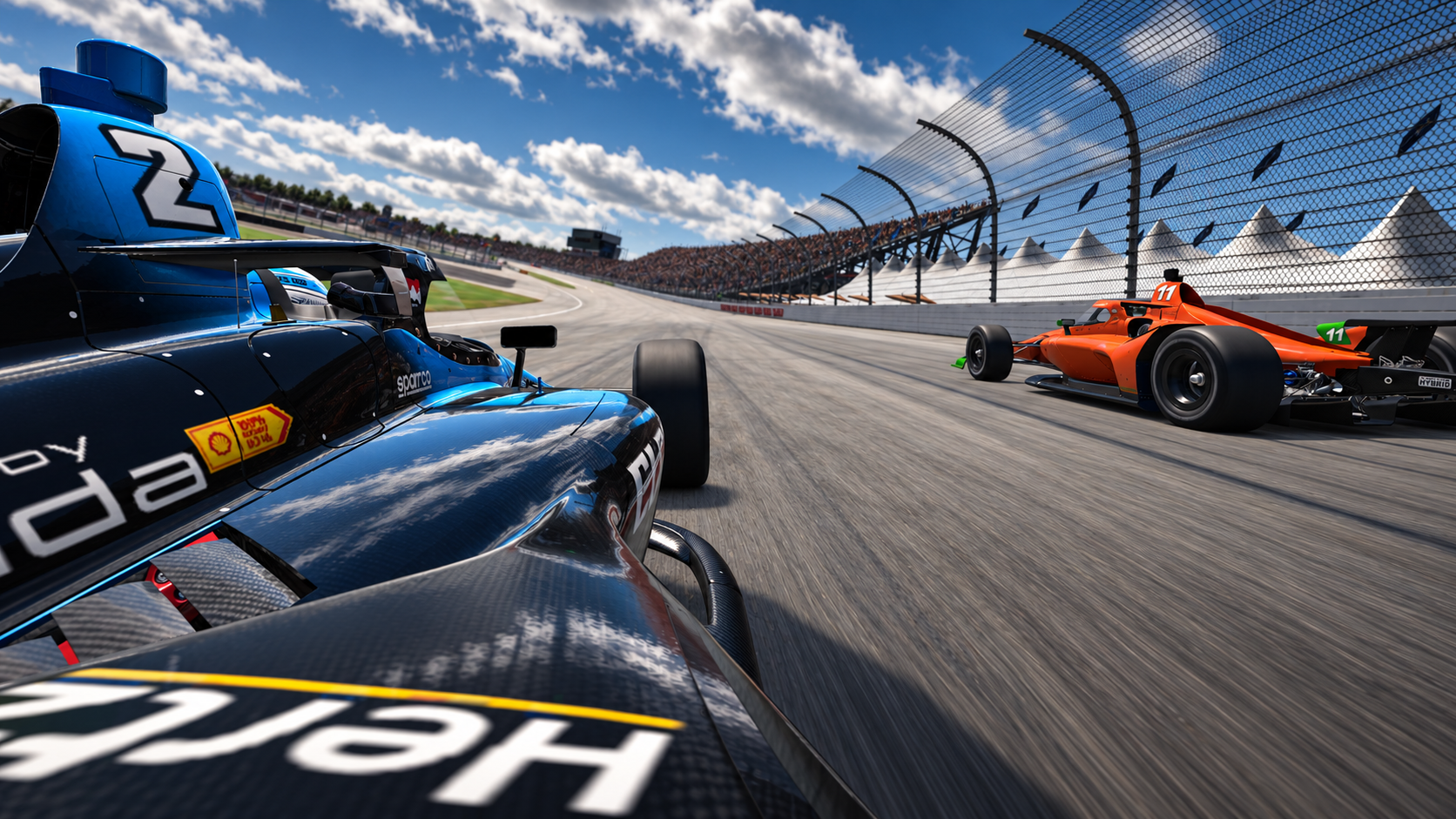 A close view from Elevate Sim Racing’s blue open-wheel car alongside an orange rival on an oval