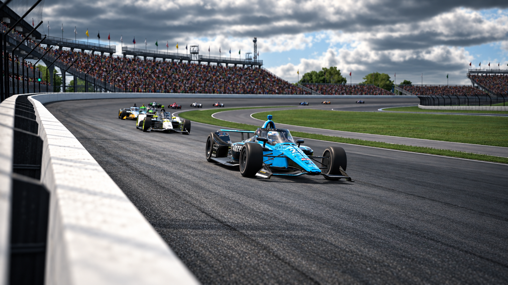 Elevate Sim Racing’s blue number 26 open-wheel car leading a group through an oval corner