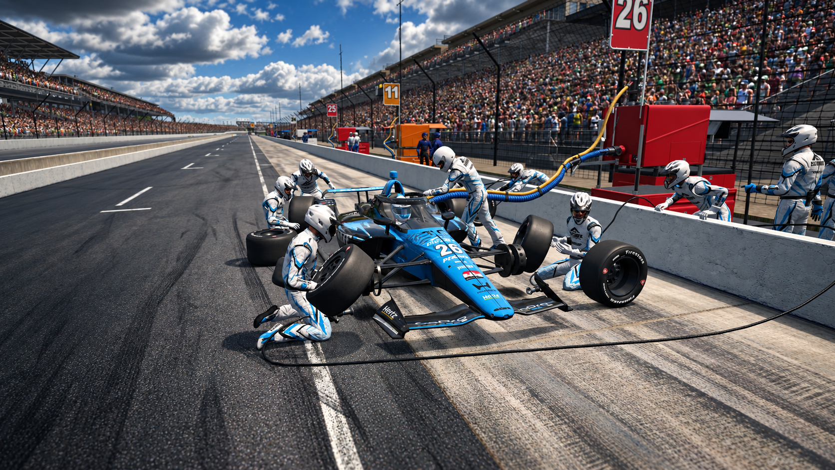 The pit crew changing tires and refueling Elevate Sim Racing’s blue number 26 open-wheel car