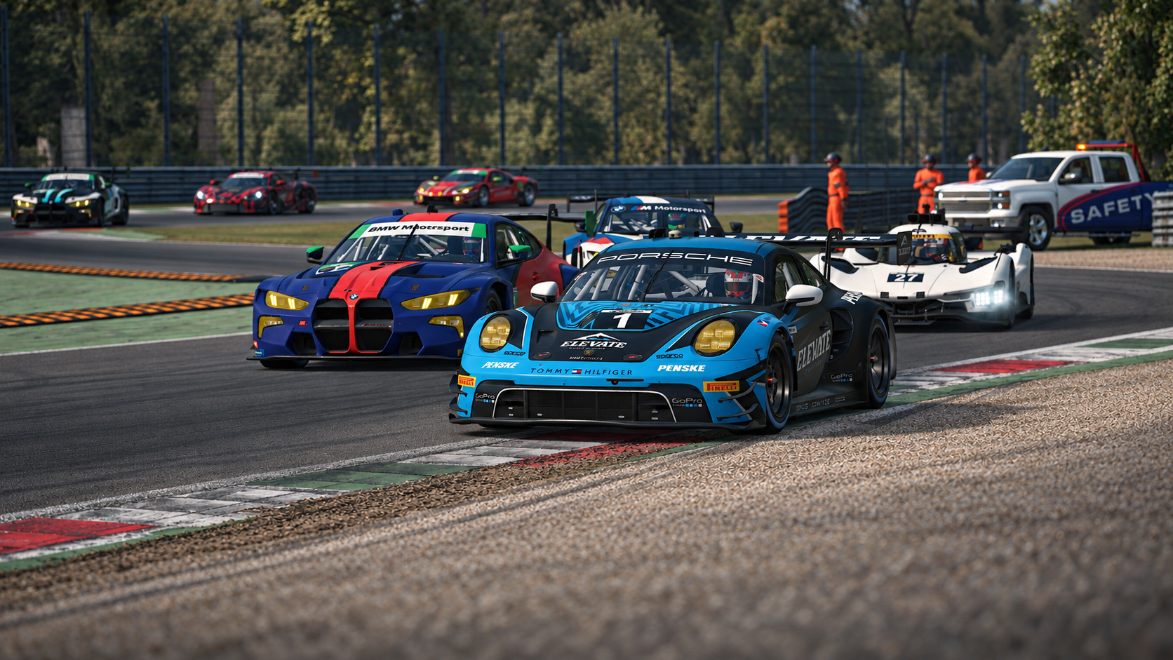 Elevate Sim Racing’s blue and black number 1 Porsche leading a pack of race cars through a corner