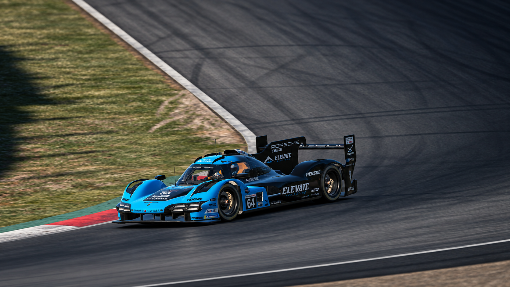 Elevate Sim Racing’s blue and black number 64 Porsche 963 racing through a corner